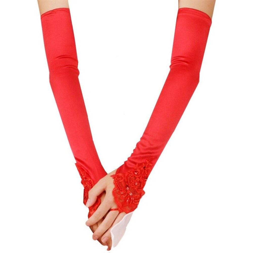 Women's Red Satin Evening Embroidered Lace Fingerless Gloves Wedding Party Tea